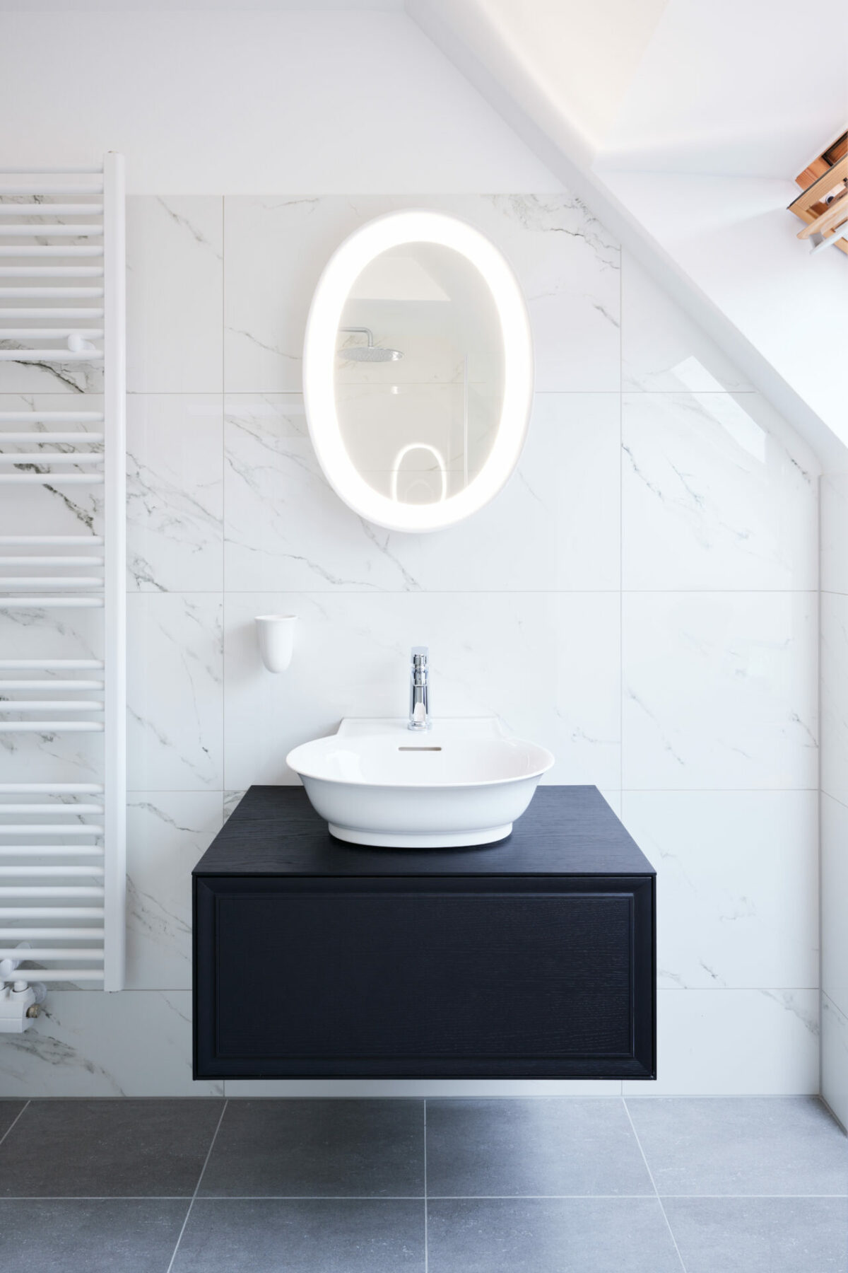 White bathroom with black cabinet in hotel artist