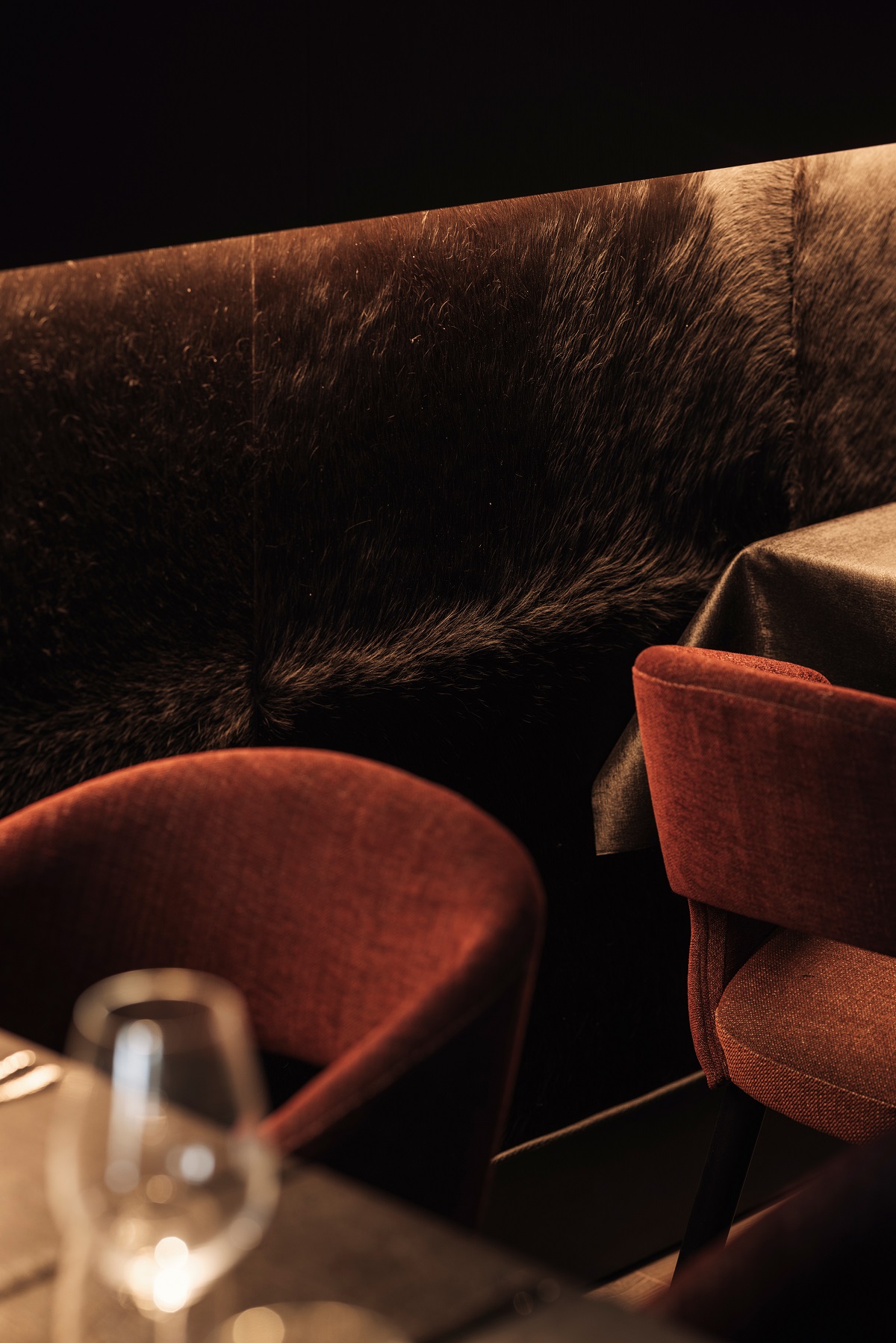 textured fabrics in the seating in Cult restaurant Bruges