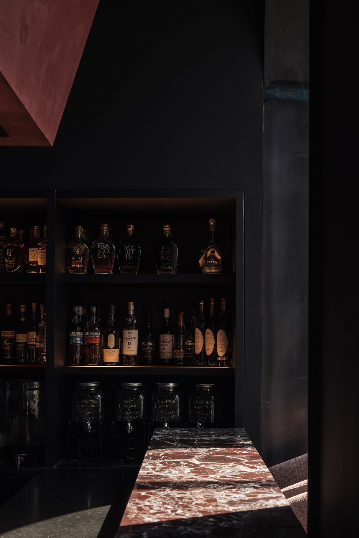 marble bar counter and dark walls