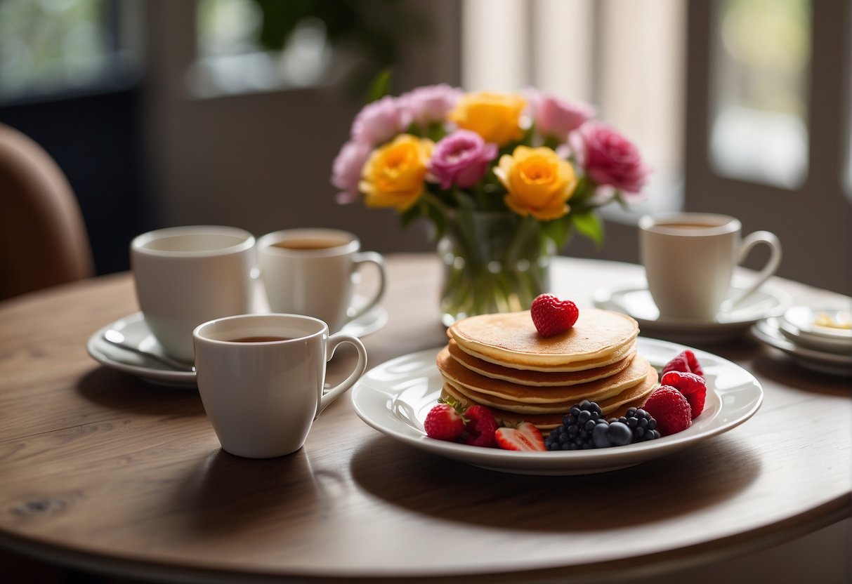 pancakes, coffee, and vase of flowers on dining table