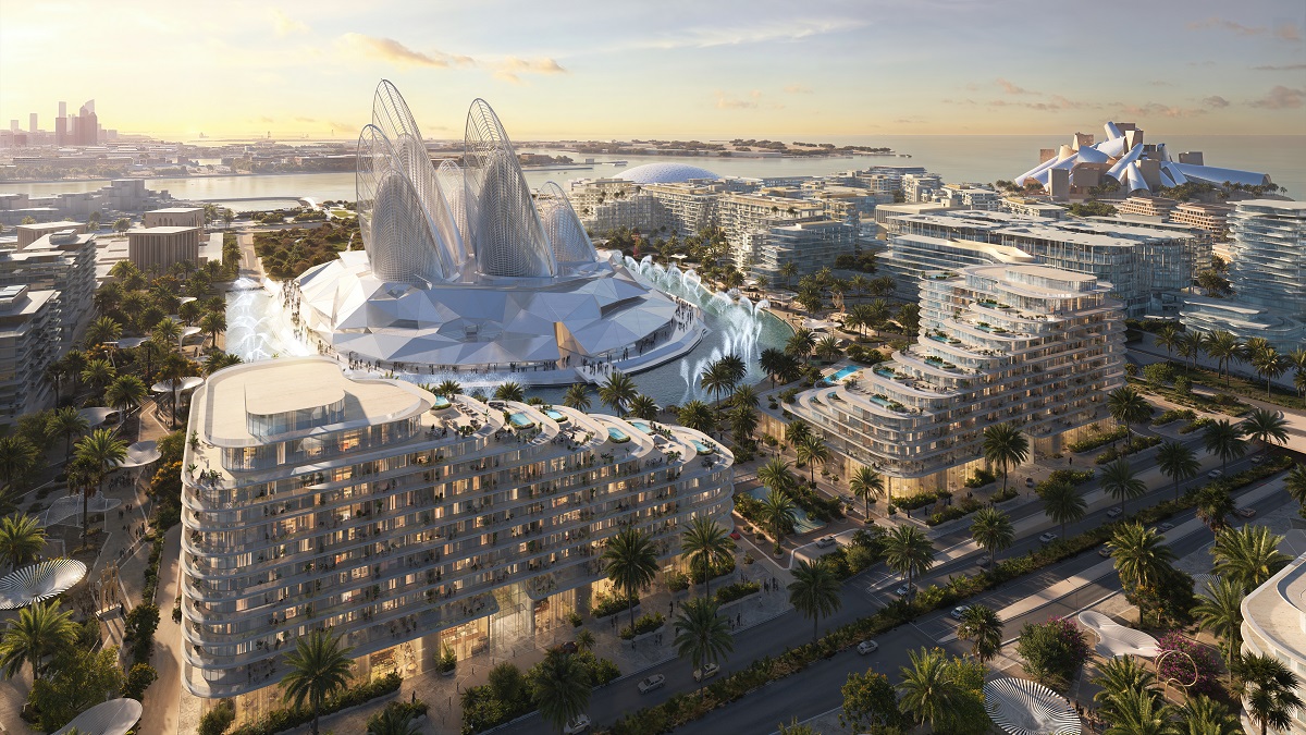 cgi aerial view across Saadiyat Fountains Abu Dhabi