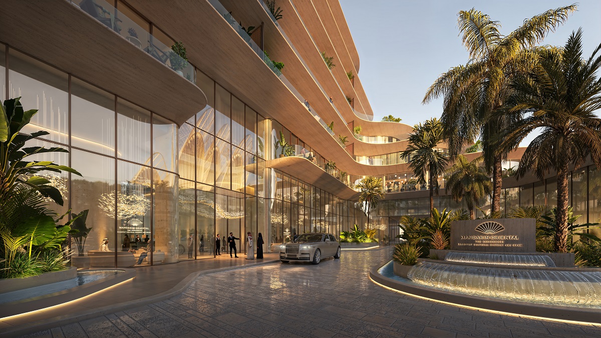 cgi of entrance and facade Mandarin Oriental residences Abu dhabi