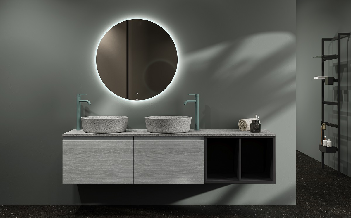 round backlit mirror above double vanity with RAK Plano fittings