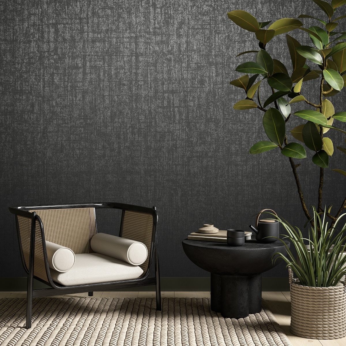 textured java wallcovering behind rattan chair and rubber plant