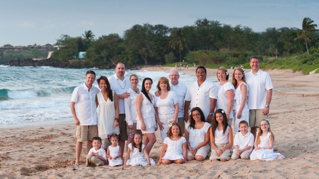 family celebration photo on the beach