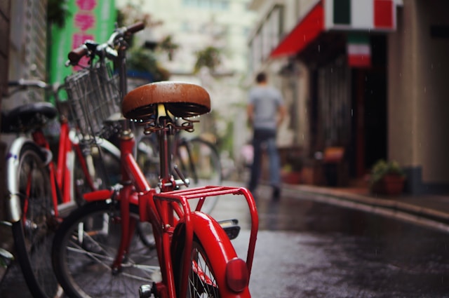 red bike in the rain