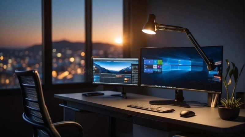 optimizing work space: an ergonomic home office desk next to a large window at dusk