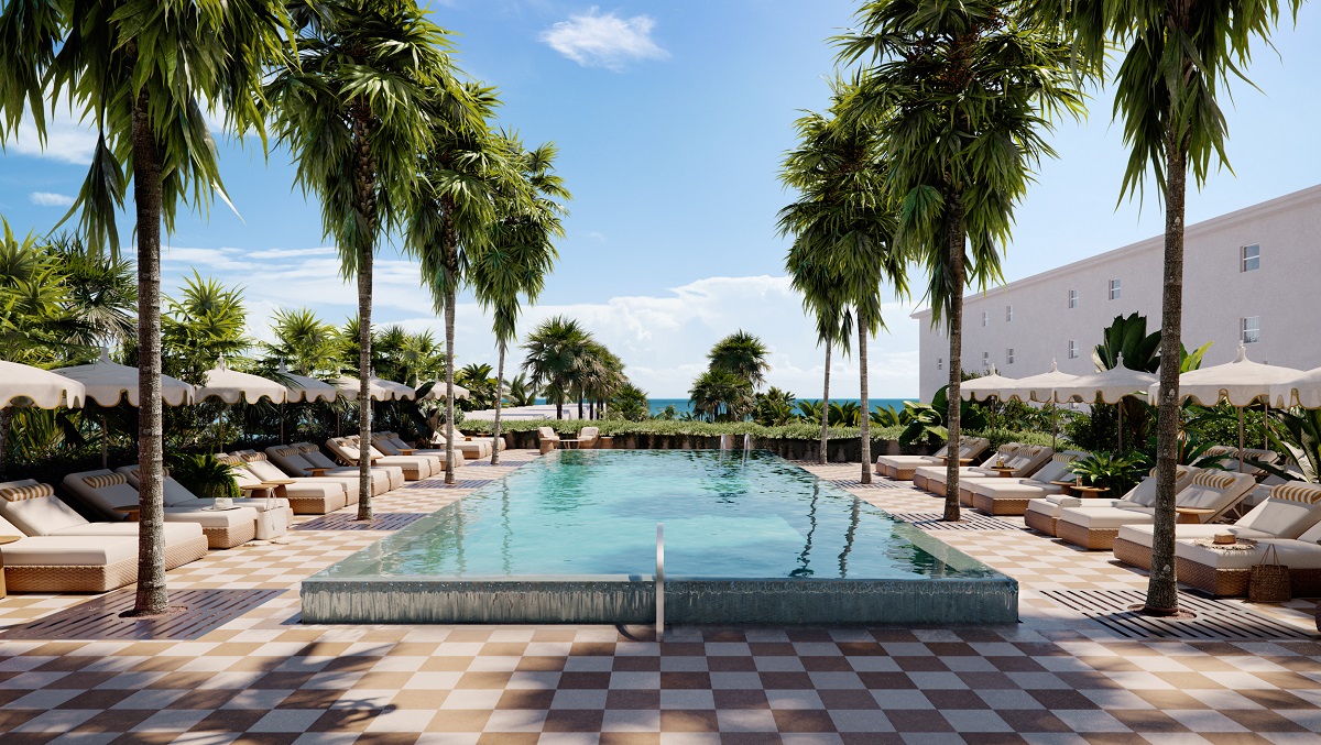 palm tress and checked tiles around Delano Miami swimming pool