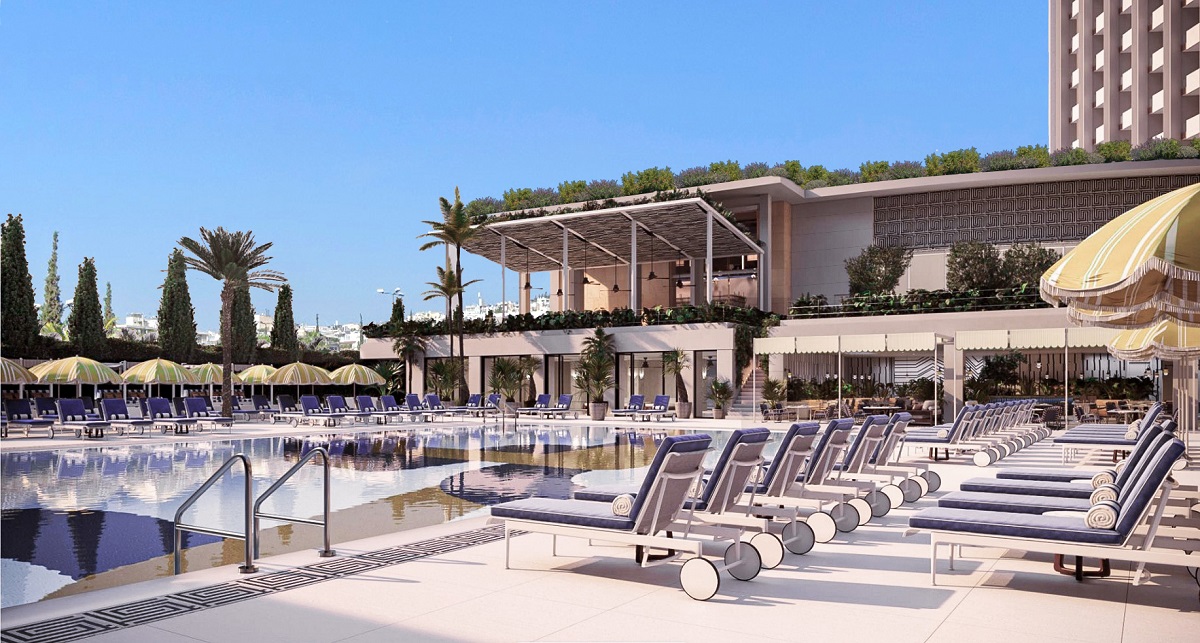 render of pool and exterior of Conrad Athens The Illisian