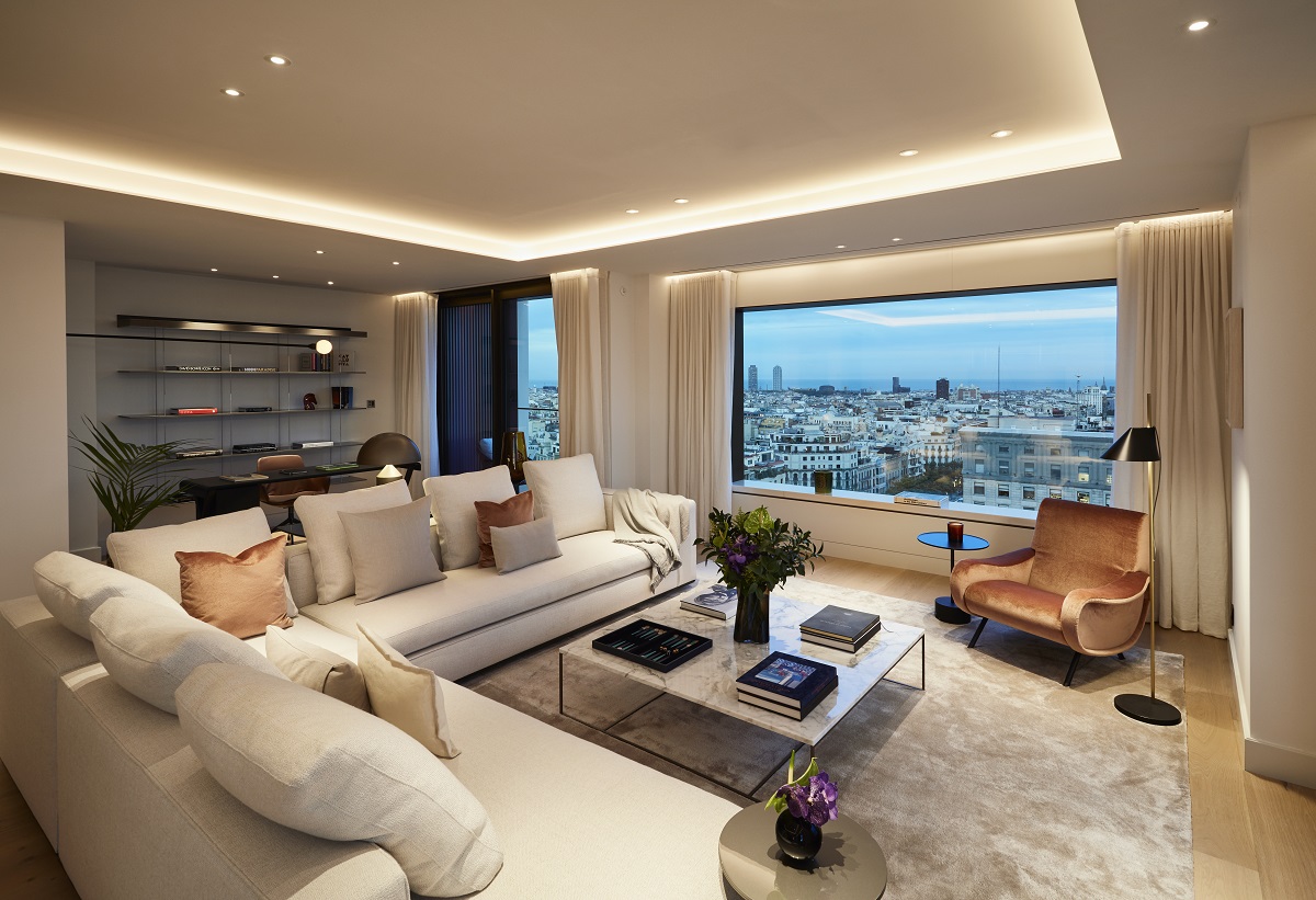 large cream couch with views over Barcelona in Mandarin Oriental Residence, Barcelona