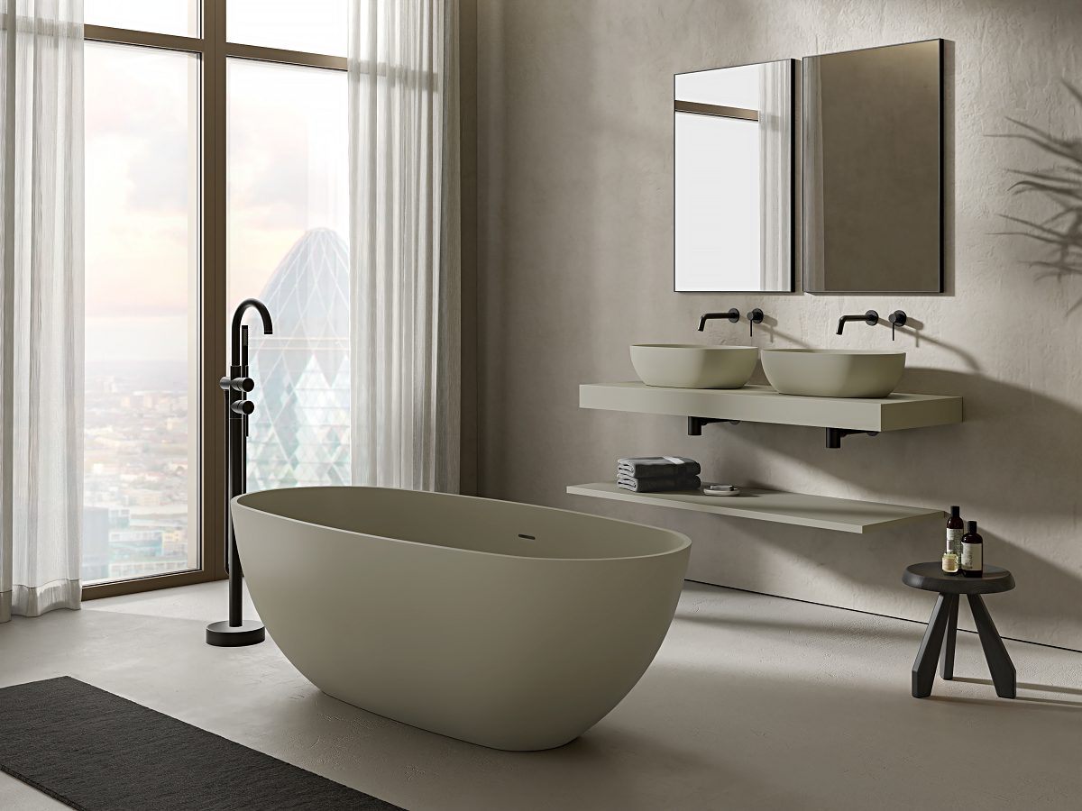 Elements Nosa bathroom freestanding stone Bath in olive green