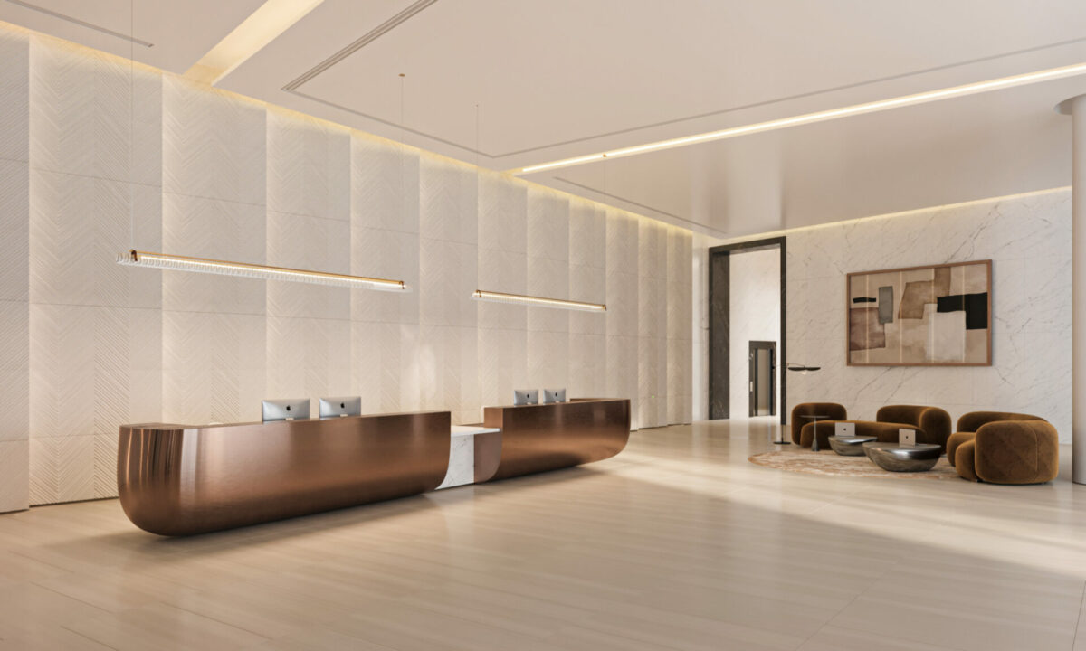 Elegant white and bronze lobby space designed by Ran & Morris