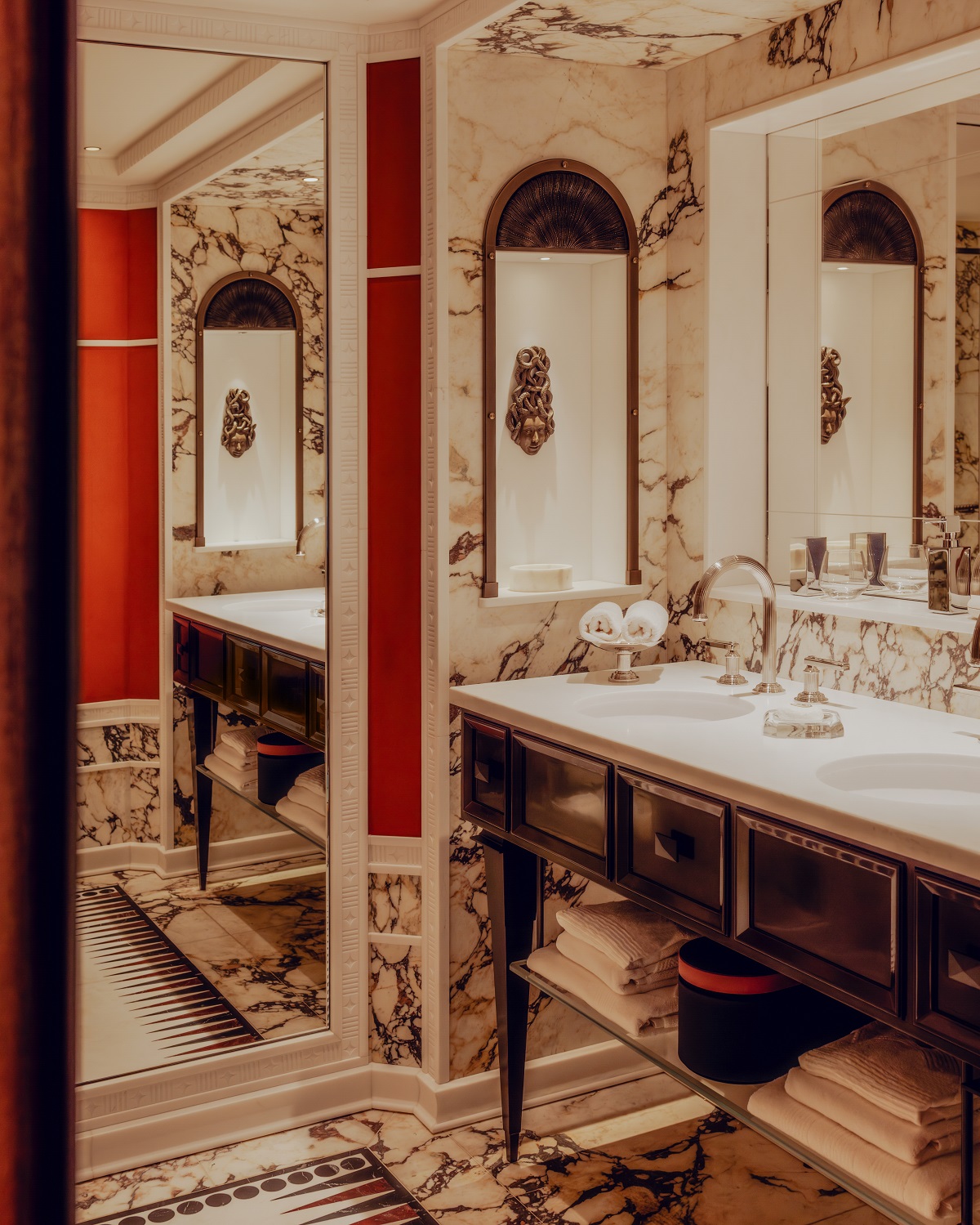 marble and wood surfaces in bathroom on the Orient Express Corinthian yacht