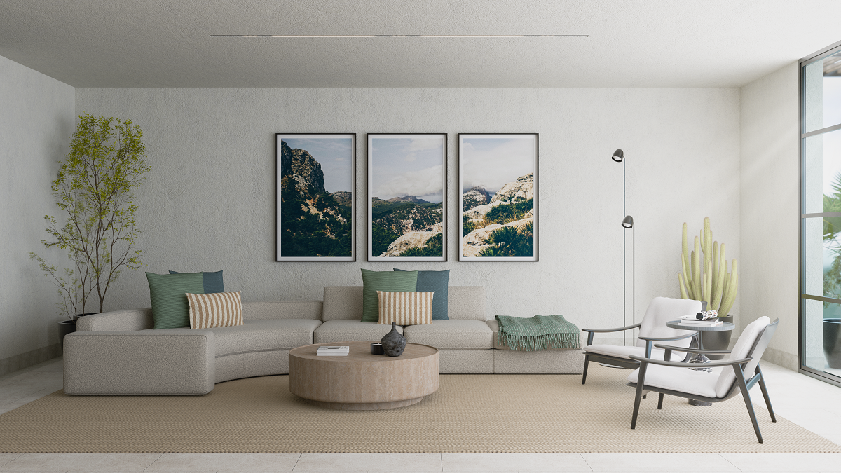 interior render of chairs and sofa in cream interior by OCCA designs