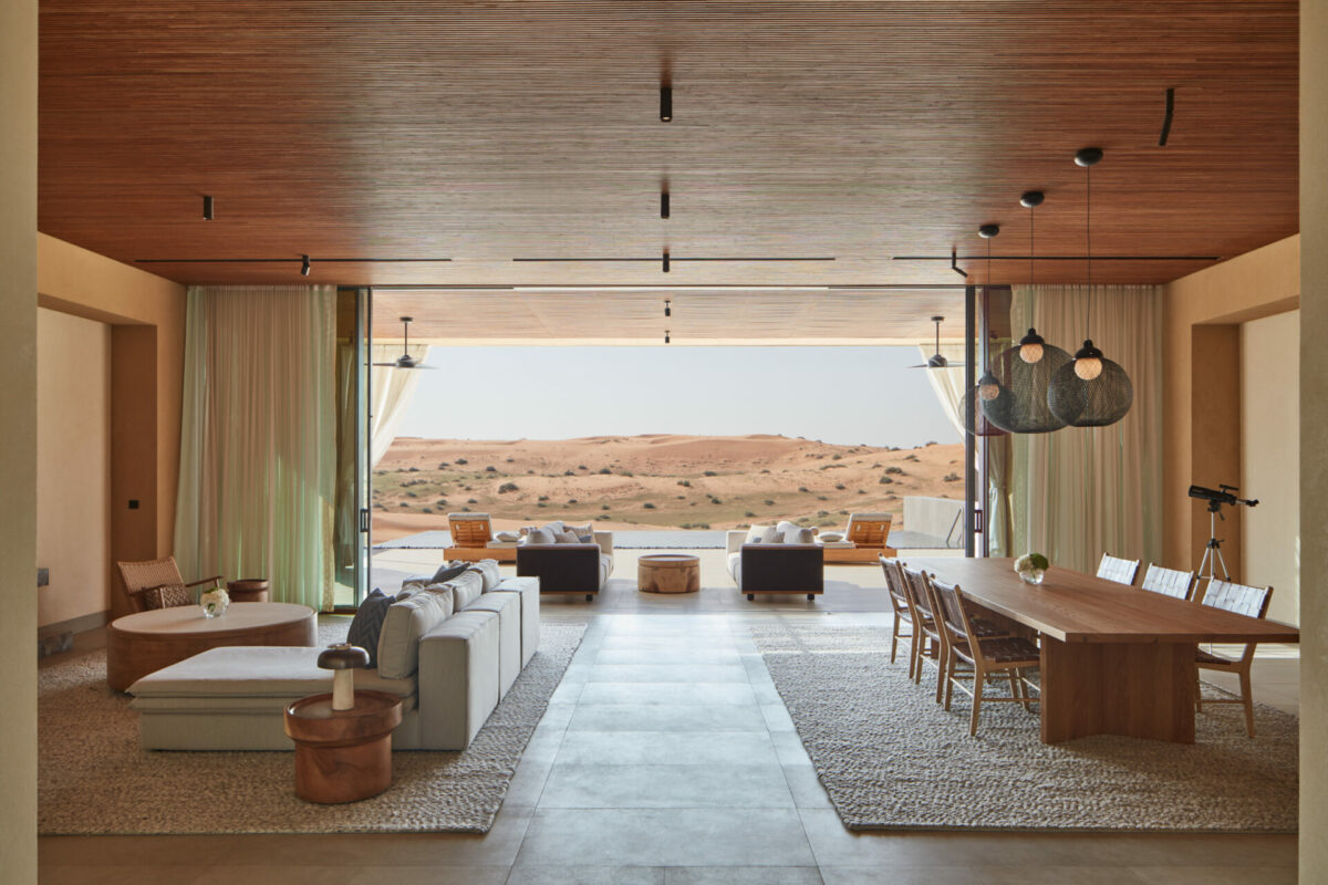 View from open plan interior area of Ritz Carlton signature villa onto desert landscape