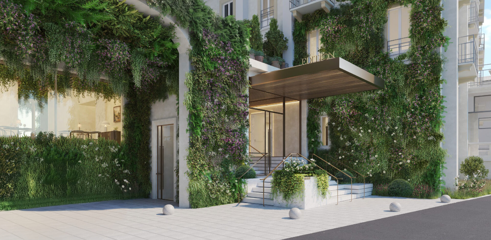 render of plant covered facade of The Lake Como EDITION