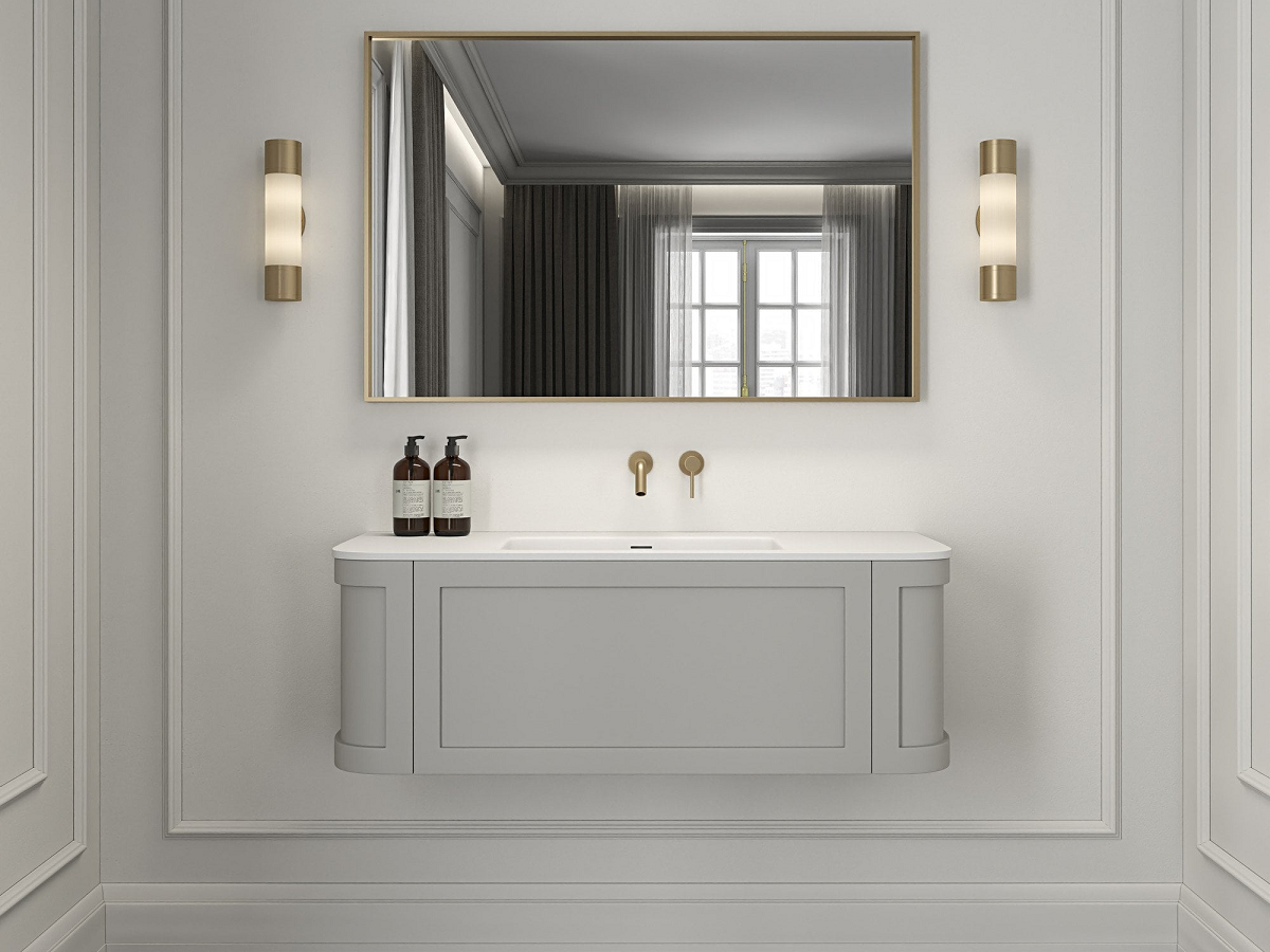 white on white floating vanity below mirror