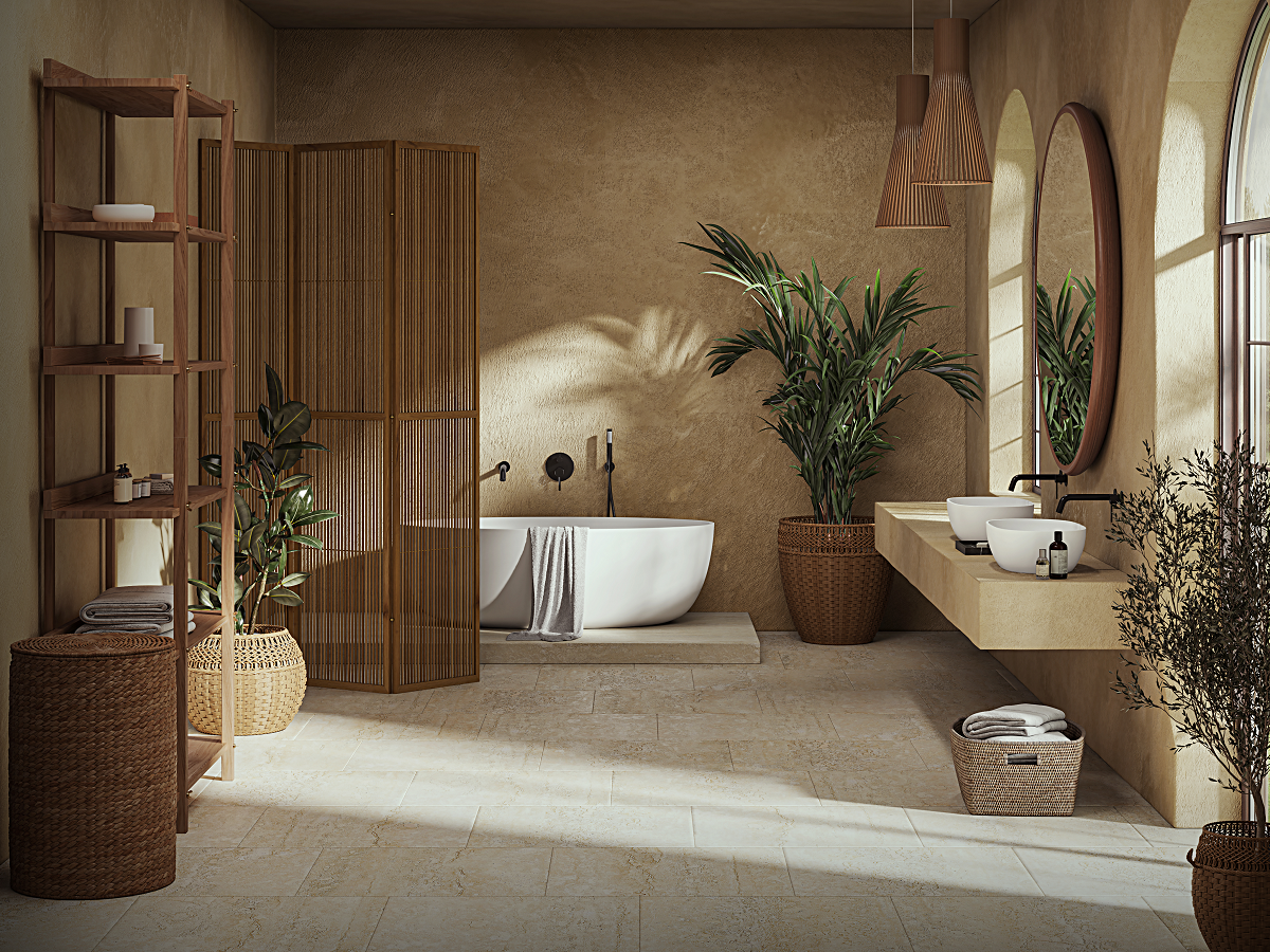 natural clay colours and textures in bathroom with plants