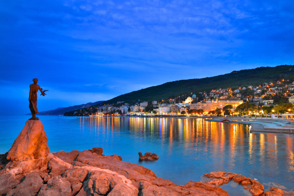 Seaside view of Opatija, town on the Adriatic coast in Croatia by night